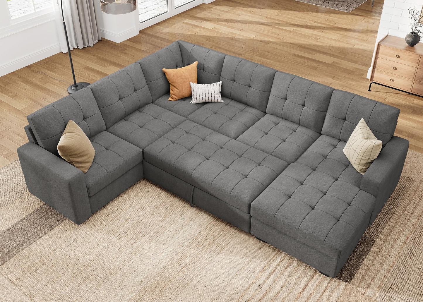 HONBAY Sectional Sleeper Sofa Pull Out Couch, U Shaped Sectional Couch with Storage Chaise, Sofa Bed for Living Room, Beige