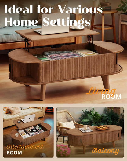 Oval Lift Top Coffee Table with Storage, 47.2" Mid Century Modern Living Room Center Table with 180° Sliding Tambour Door, Wood Fluted Coffee Table for Home Office, Walnut