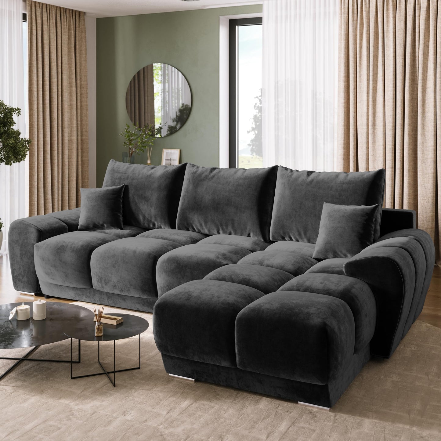 BROMARKT Corner Sofa with Sleep Function and Bed Box Sofa L Shape Couch 294 x 184 cm 5-Seater Living Room Corner Sofa Bed Living Landscape Nubes Dusky Pink