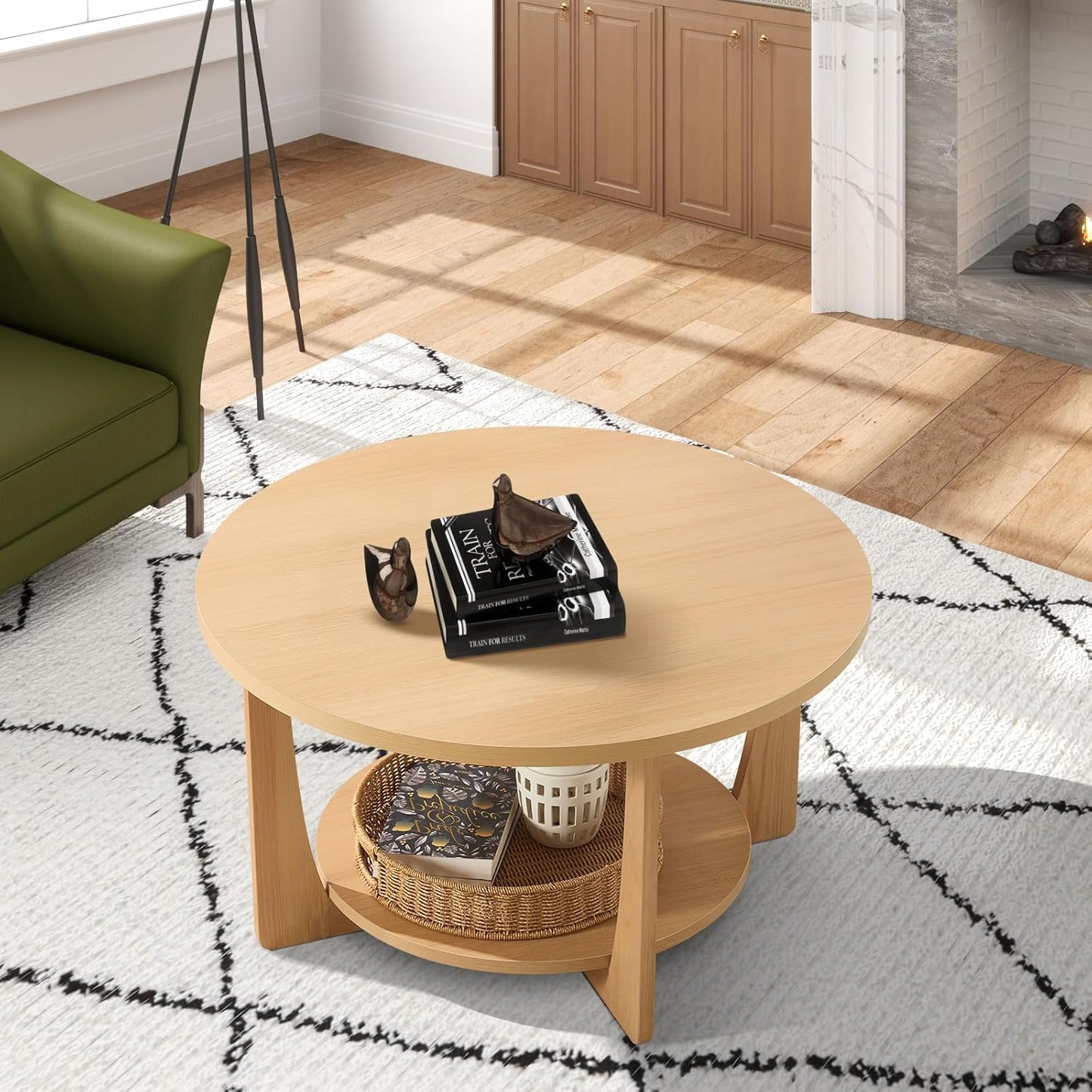 BECHAEO 31.5'' Round Coffee Table with Solid Wood Pine Legs, 2-Tier Retro Round Coffee Table with Storage Shelf, Small Modern Wood Circle Coffee Table Boho Round Center Table for Living Room (Natural)