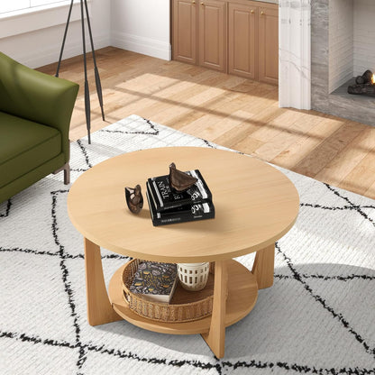 BECHAEO 31.5'' Round Coffee Table with Solid Wood Pine Legs, 2-Tier Retro Round Coffee Table with Storage Shelf, Small Modern Wood Circle Coffee Table Boho Round Center Table for Living Room (Natural)