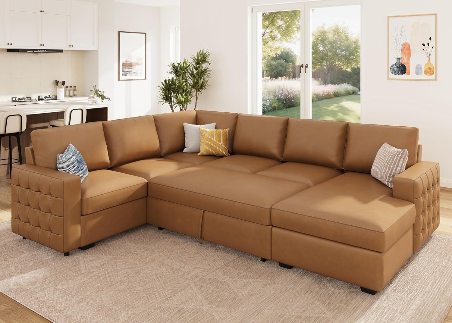 HONBAY Sleeper Sectional Couch with Pull-Out Bed Sectional Sleeper Sofa Pull Out Bed with Storage Chaise, 6 Seaters Couch for Living Room, Faux Leather Brown