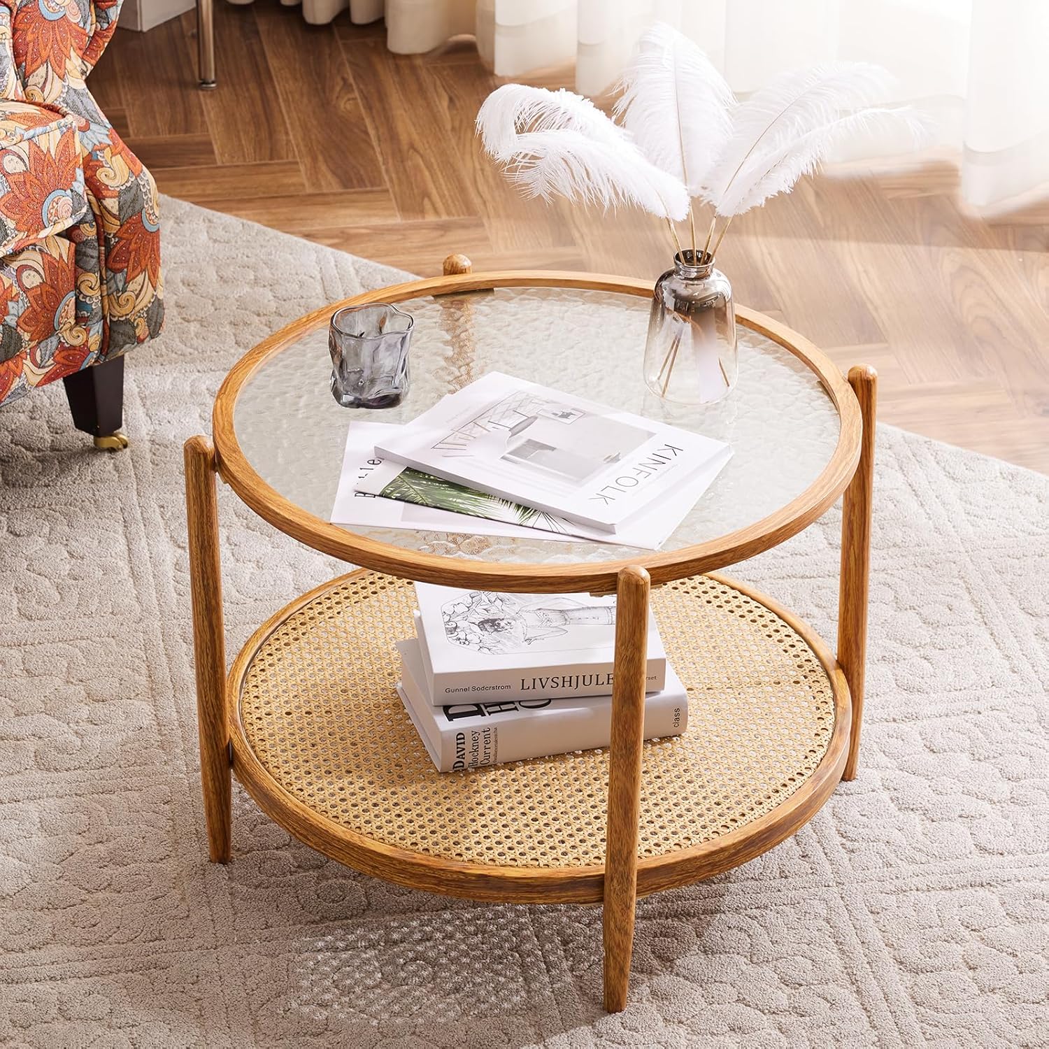 VINGLI 25.6" Rattan Coffee Table, Round Water-Wave Glass Metal Center Table, Modern Coffee Table with 2-Tier Storage, Farmhouse Circular Table for Living Room and Small Space, Natural Vibe