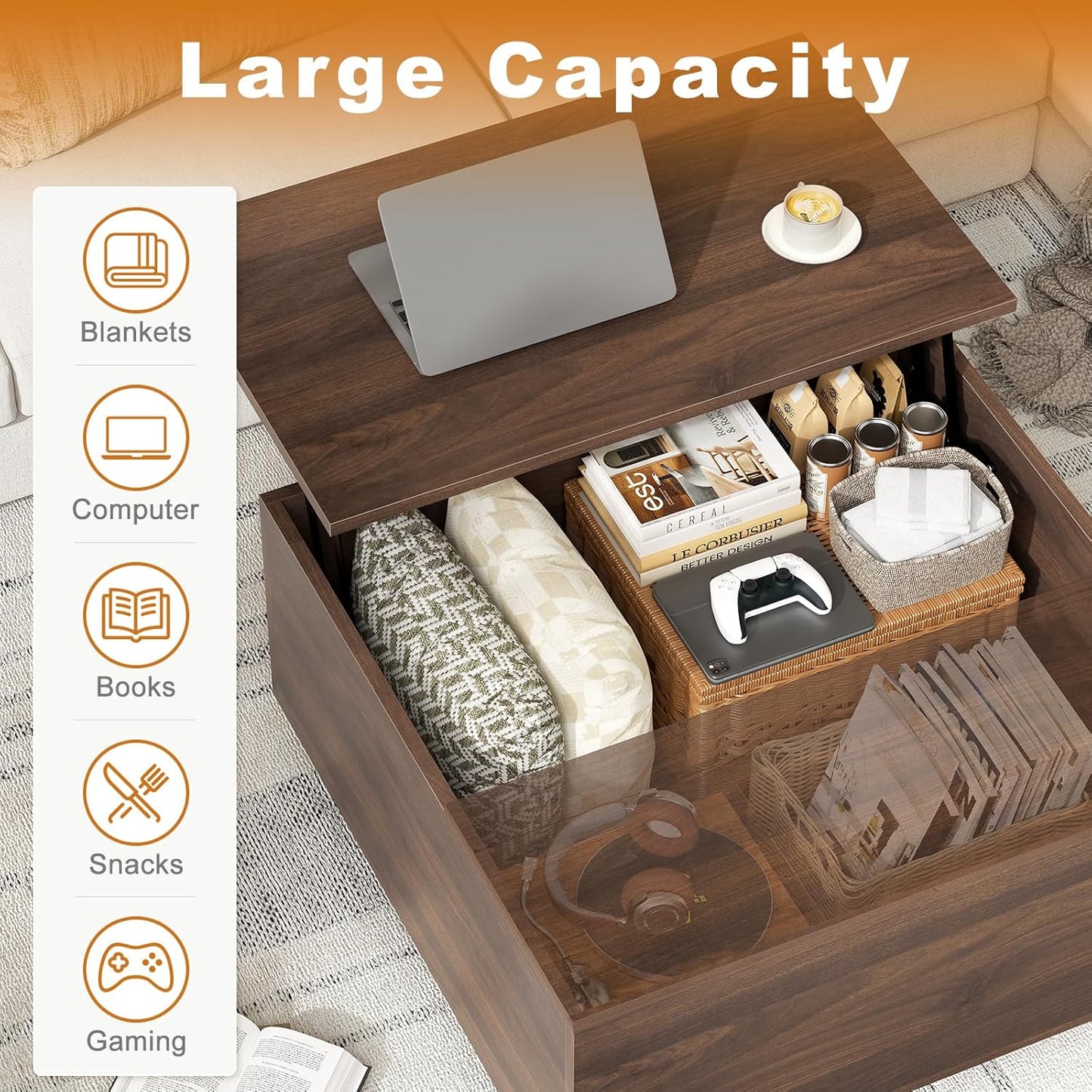 FABATO Lift Top Coffee Table, Wood Square Coffee Table with Storage, Farmhouse Coffee Tables with Hidden Storage Compartment, Center Table with Lifting Tabletop for Living Room, Home Office, Walnut