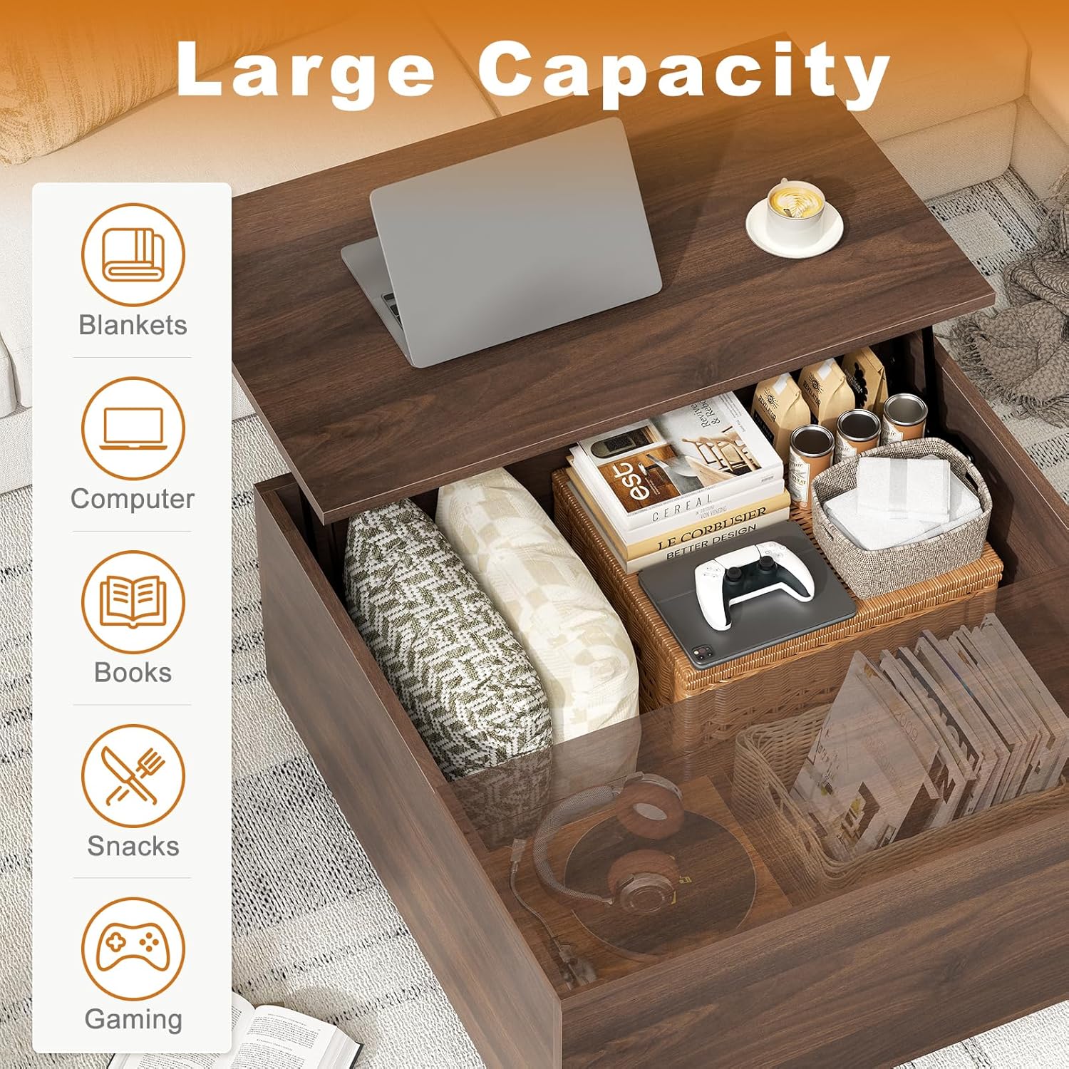 FABATO Lift Top Coffee Table, Wood Square Coffee Table with Storage, Farmhouse Coffee Tables with Hidden Storage Compartment, Center Table with Lifting Tabletop for Living Room, Home Office, Walnut