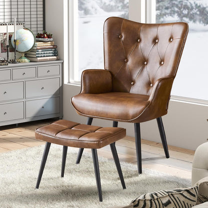 Armchair with Stool, Wing Chair with Stool Made of PU Leather, Armchair, Living Room Recliner Chair with Footrest, Lounge Chair, Upholstered Chair for Living Room, Bedroom, Study, Brown