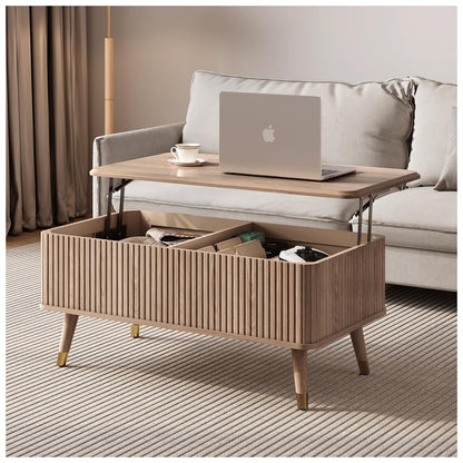 Round Coffee Table with Storage,Mid Century Modern Circle Coffee Table for Living Room,31.5" Small Fluted Center Table with Sliding Door,Home Small Space, Walnut