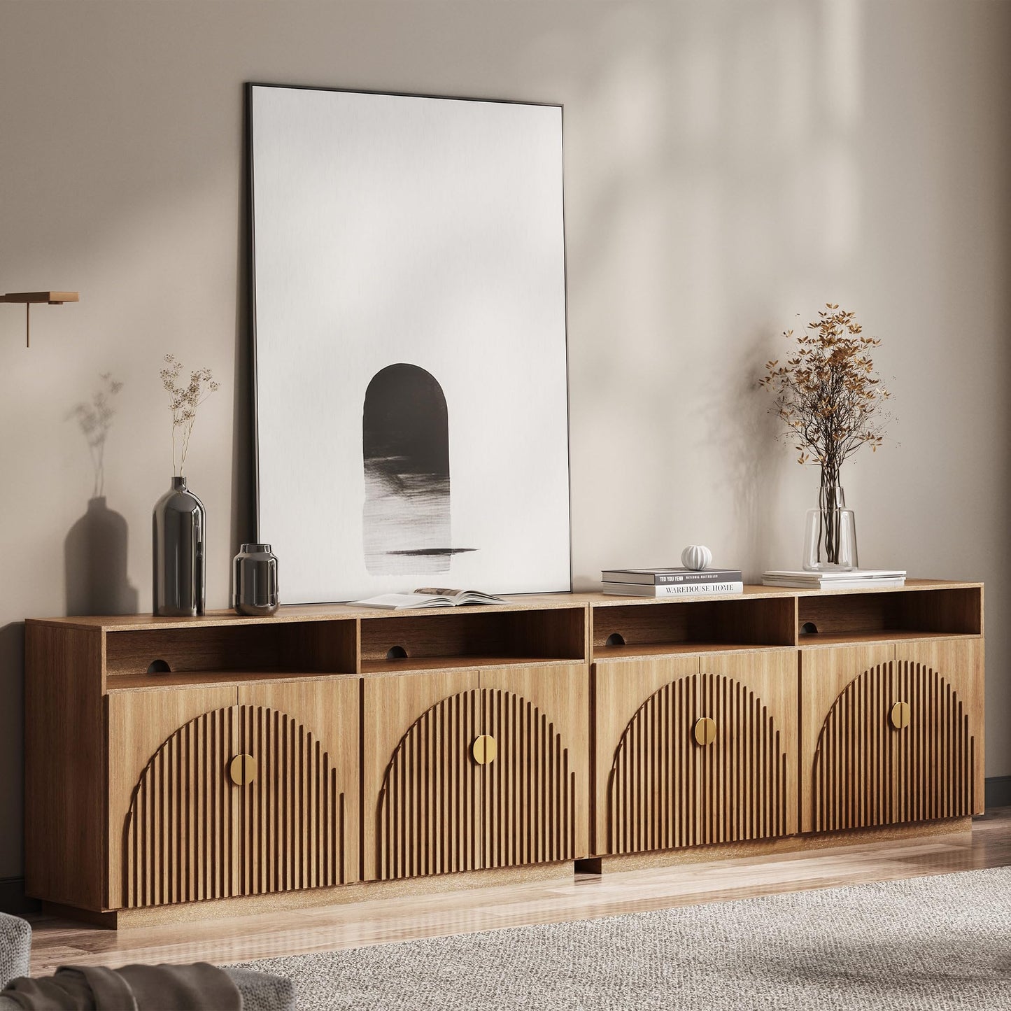 BELLEZE 65 Inch Fluted Buffet Cabinet with Storage, Symmetrical Arc Accent Sideboard Large Console Table for Dining Room, Kitchen, and Living Room (Camel)