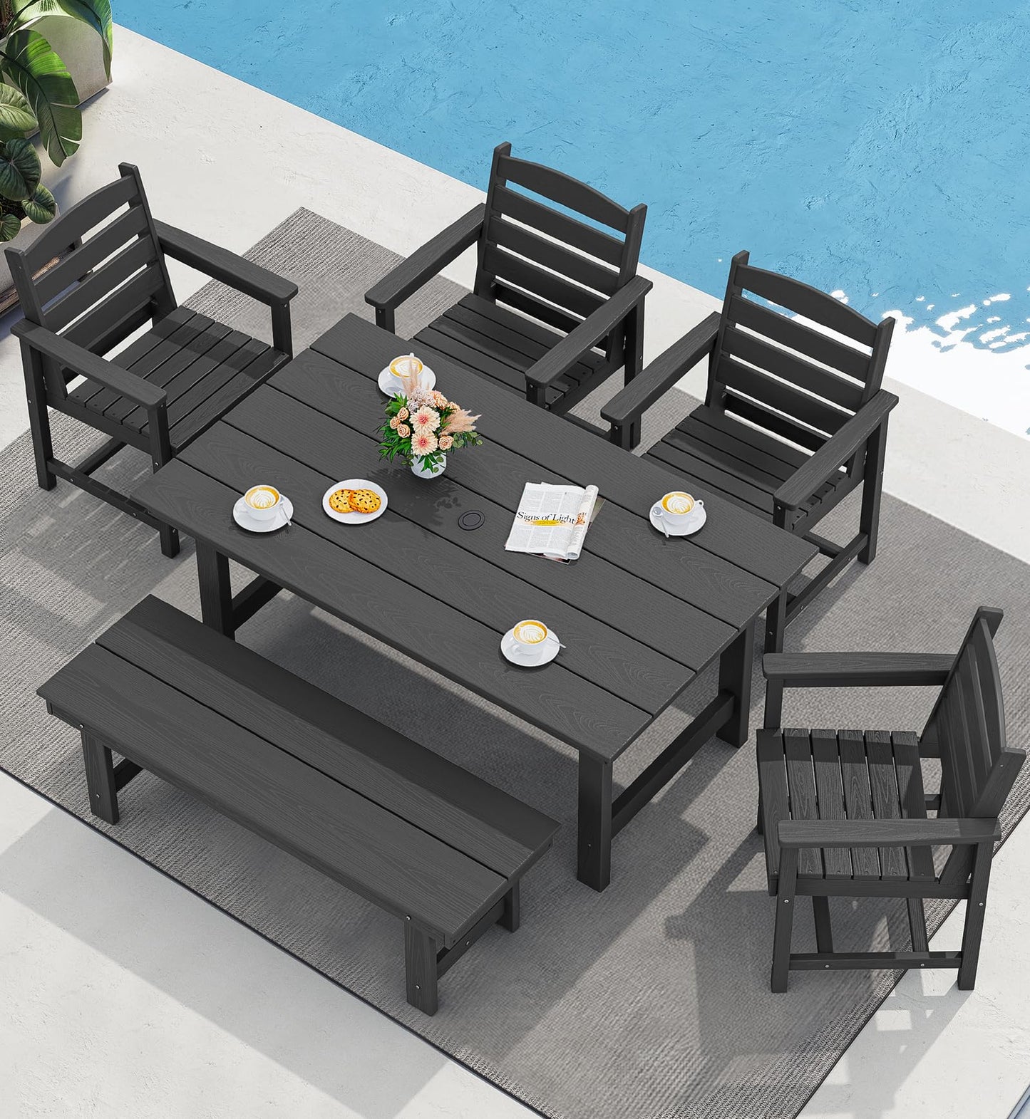 SERWALL Outdoor HDPE Dining Table Set, 7-Piece Outdoor Dining Table Sets with Umbrella Hole Cut-Out Table and 6 Chairs, Gray