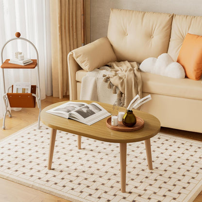 Coffee Table Low Table with Solid Wood Legs, Small Oval Coffee Table Side Table, Floor Table Desk for Sitting on The Floor, Storage and Living Room Furniture for Office Apartment Home, Natural