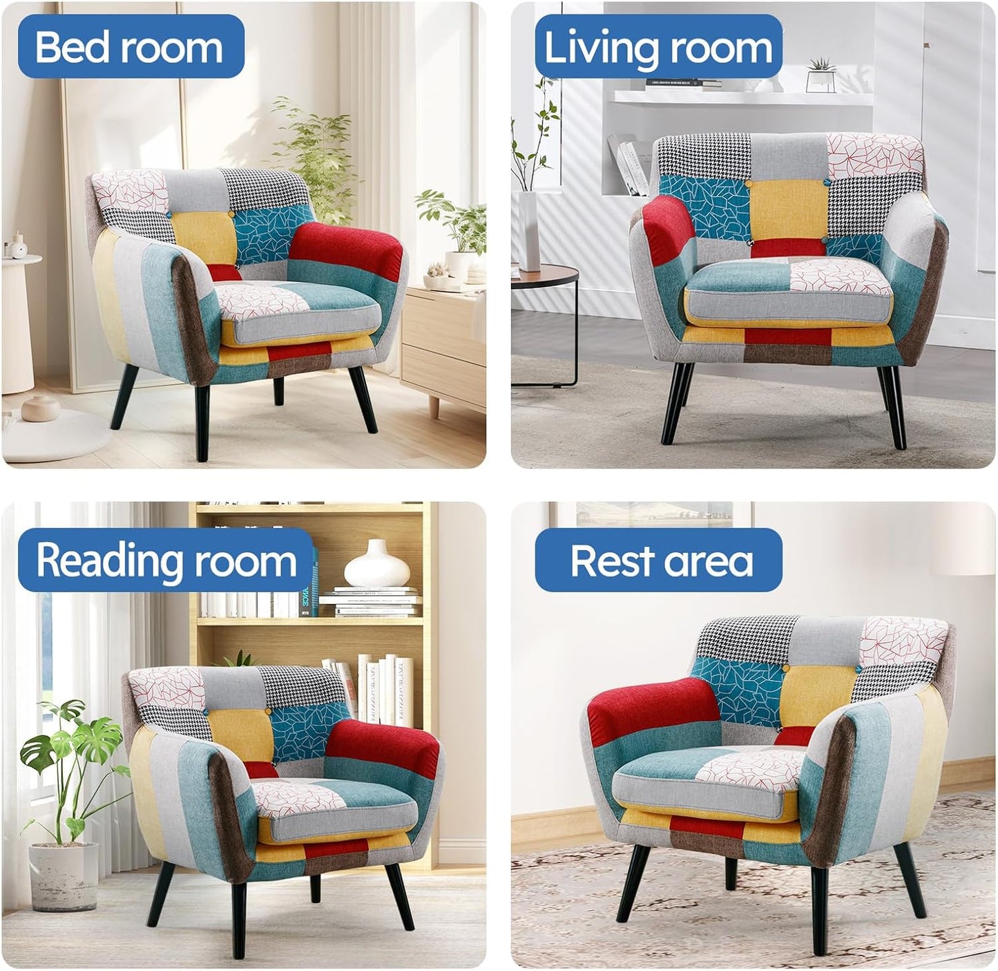 Bonzy Home Modern Oversized Accent Chair for Living Room, Colorful Boho Linen Fabric Upholstered Armchair with Wood Legs, Single