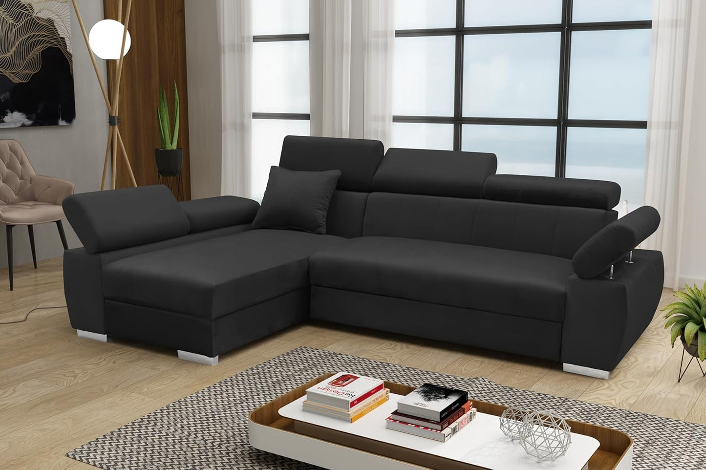 Ecksofa OTTO, Eckcouch mit Schlaffunktion, Federkern, Verstellbare Kopfstützen, Einfacher Klappmechanismus, Bettfunktion, Zusätzlicher Stauraum, Plüsch Anthrazit, Links