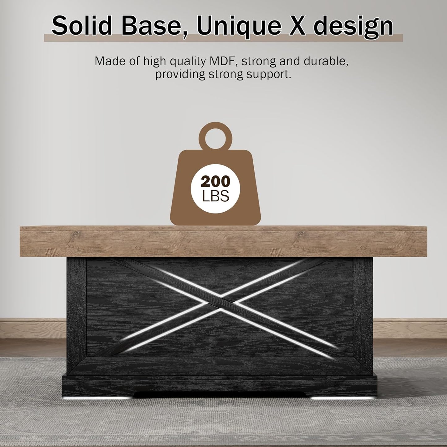 Coffee Table 39 in Rustic Center Table with X-Design Wooden Pedestal for Living Room, Space Saving, Rectangle Home Office Tea Accent Table for Apartment, Dark Oak Black