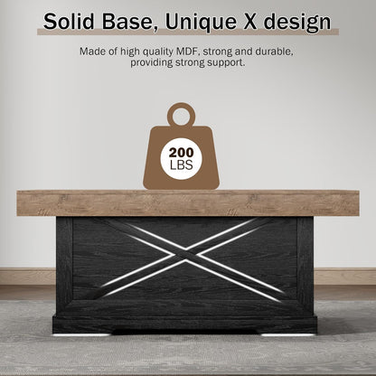 Coffee Table 39 in Rustic Center Table with X-Design Wooden Pedestal for Living Room, Space Saving, Rectangle Home Office Tea Accent Table for Apartment, Dark Oak Black