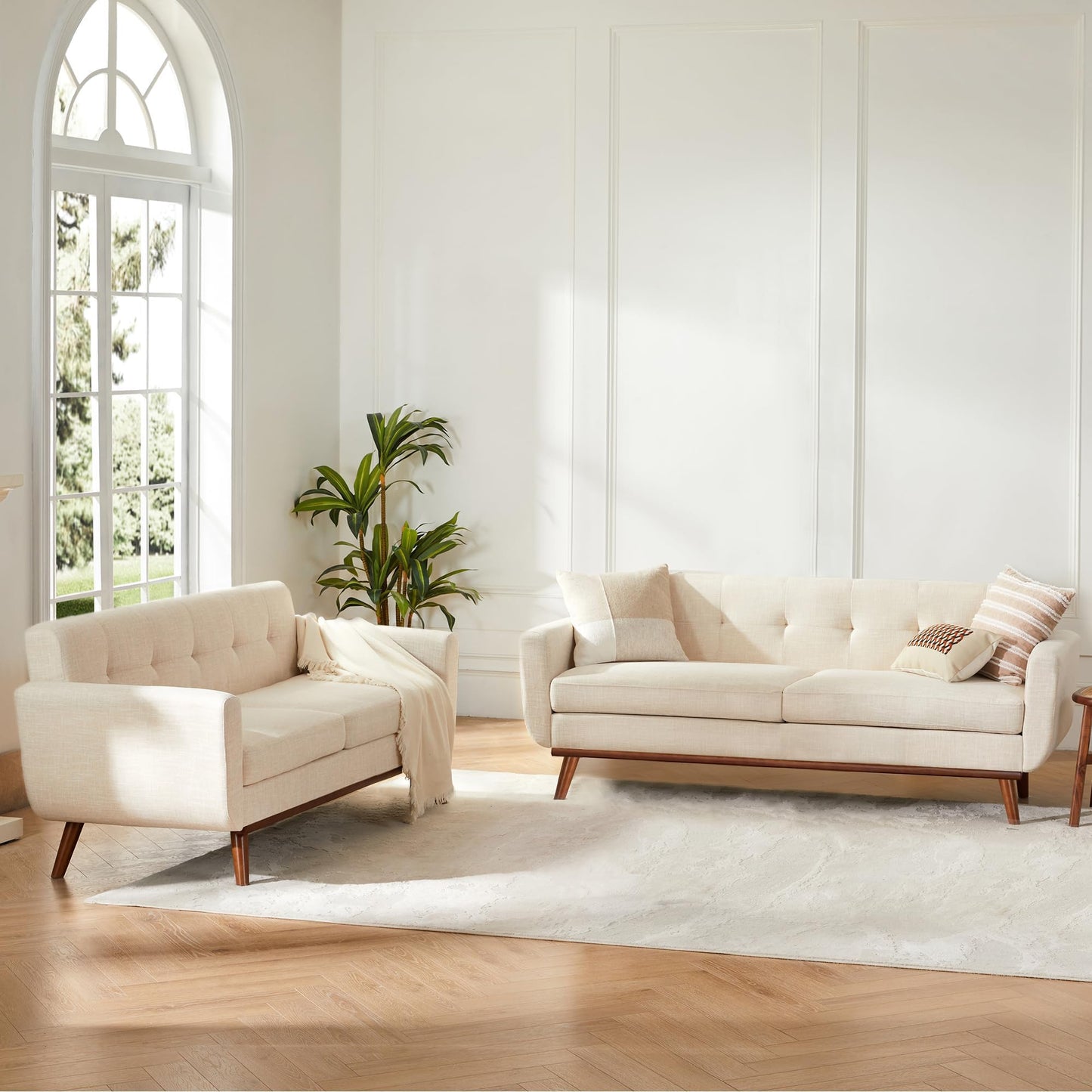 Kingfun 65.2" W Loveseat Sofa, Mid Century Modern Decor Love Seat Couches for Living Room, Button Tufted Upholstered Furniture, Solid & Easy to Install Small Couch for Bedroom Office Apartment, Beige