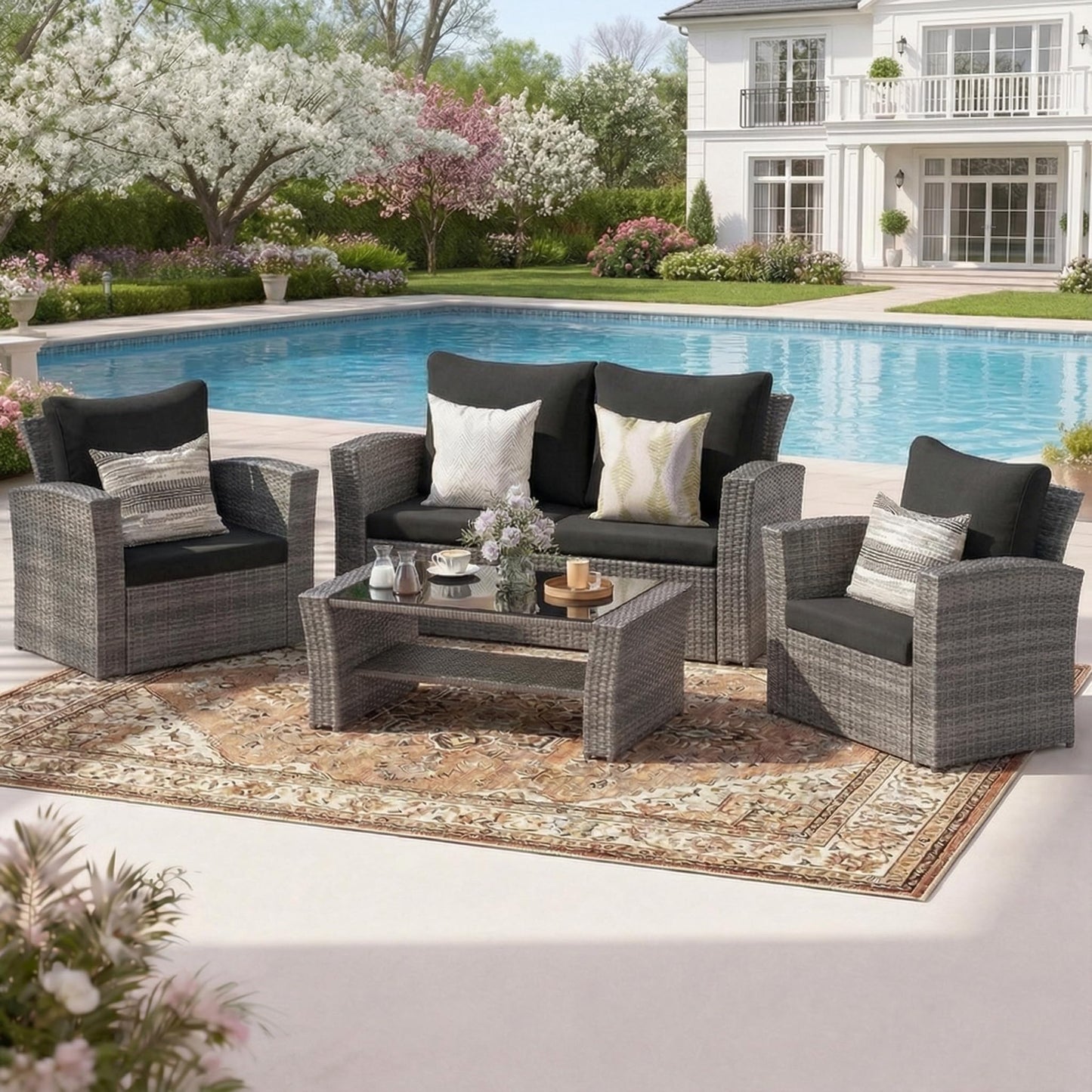 Wisteria Lane 4 Piece Patio Furniture Set, Wicker Outdoor Patio Conversation Furniture Set, All Weather Outdoor Patio Sofa with Cushion and Glass Table, Brown