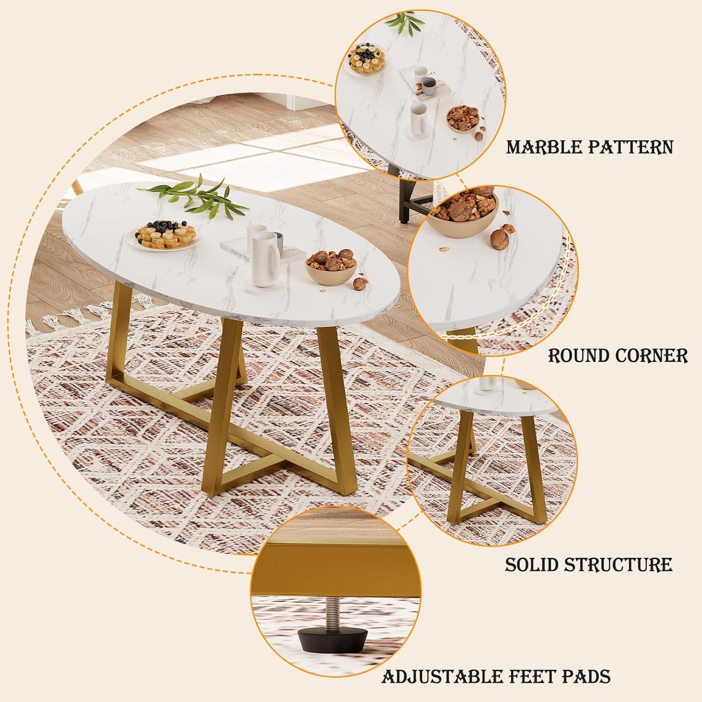 Coffee Table White Faux Marble Coffee Table for Living Room,Oval Center Tables Modern Tea Table for Small Space,Wooden Living Room Tables End Table with Sturdy Gold Metal Leg