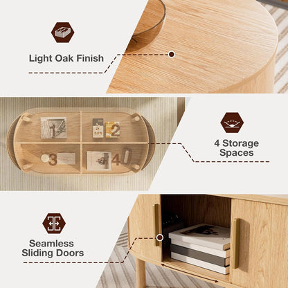 Coffee Table for Living Room, Modern Oval Coffee Table with Cabinets & Sliding Doors, Home Small Space, 29.9" Fluted Center Table, Natual