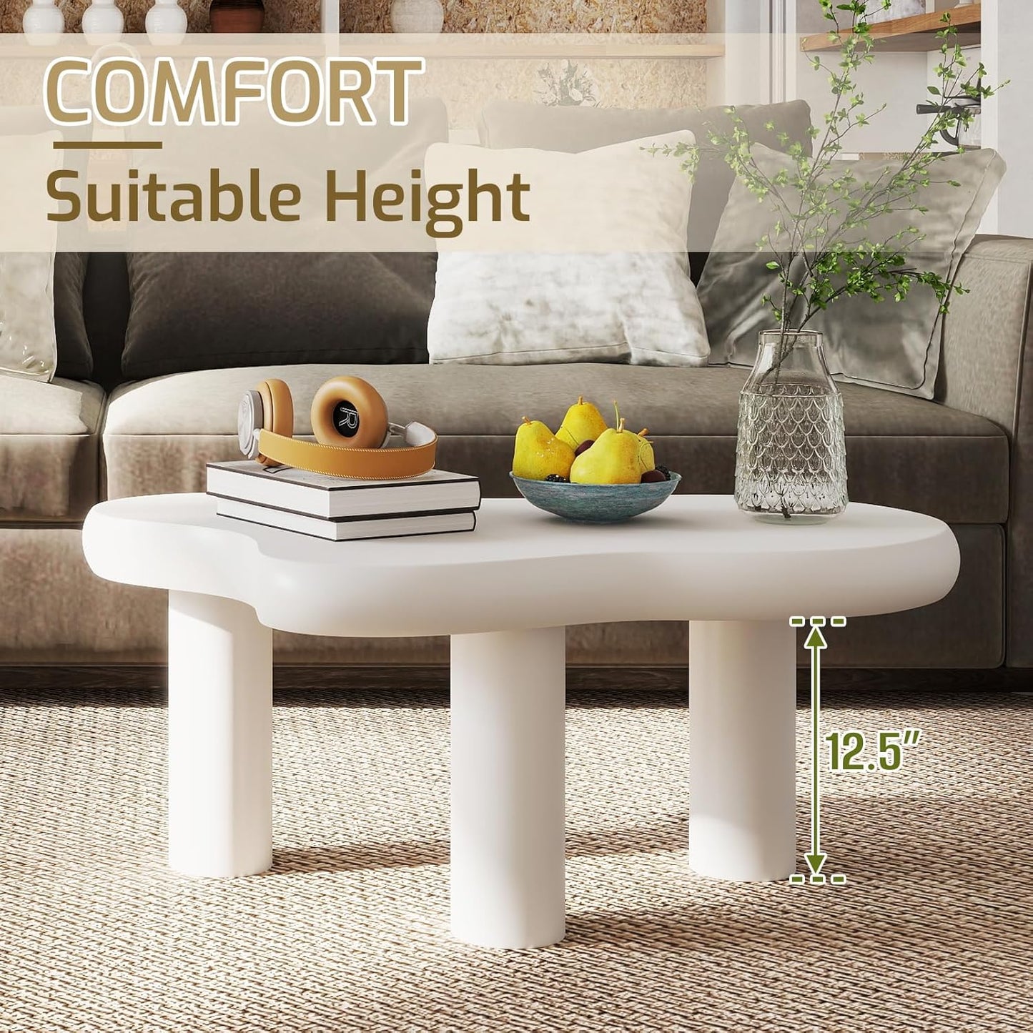 HollyHOME Cloud Coffee Table, Unique Design Accent Table for Living Room and Bedroom, Stylish and Functional Furniture Piece-Durable and Easy to Clean, Free Shape with 3 Legs, 33.9in, Cream White
