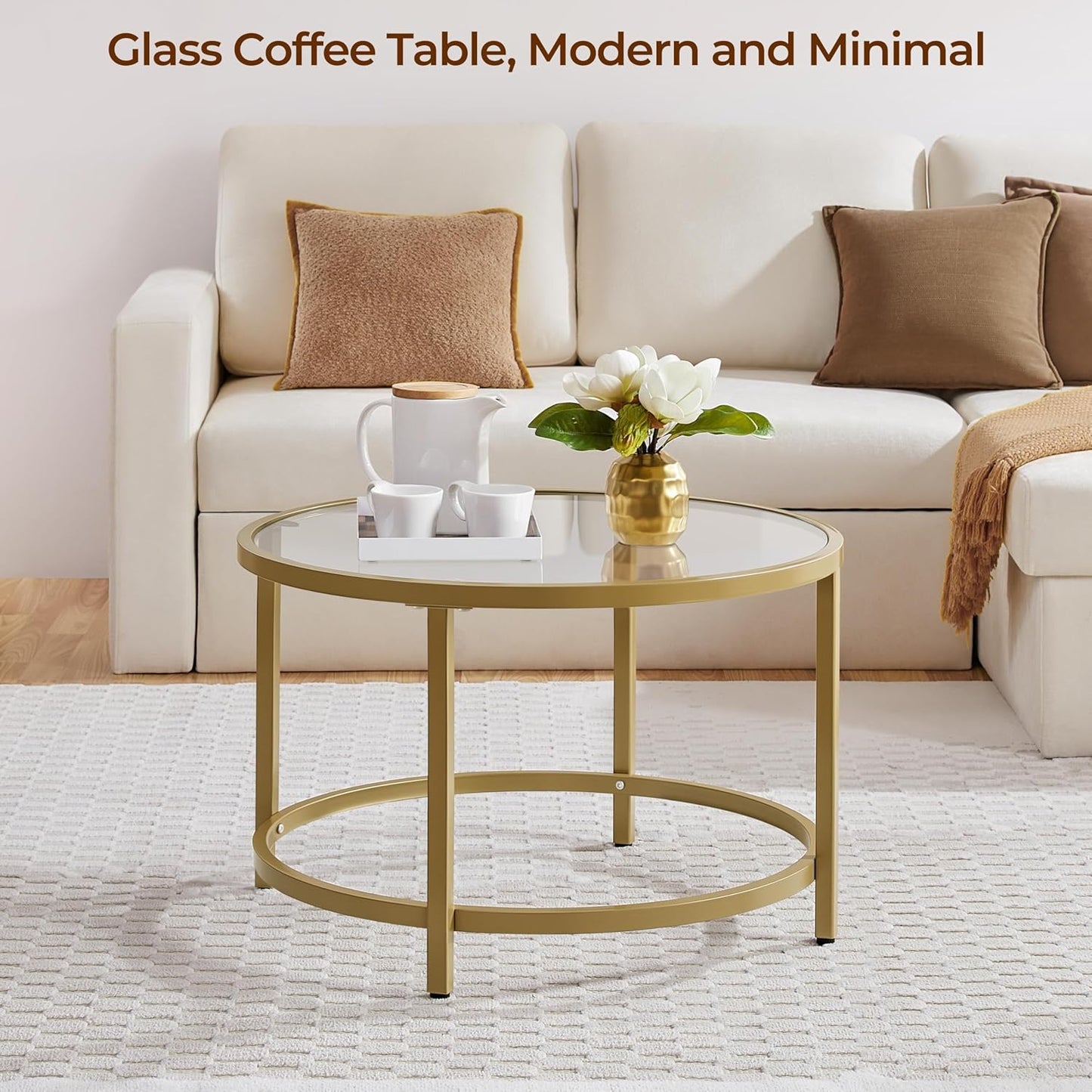Yaheetech Gold Glass Coffee Table for Living Room, 27.6" Round Glass Coffee Table with Metal Frame, Circle Coffee Table for Home, Office, Apartment