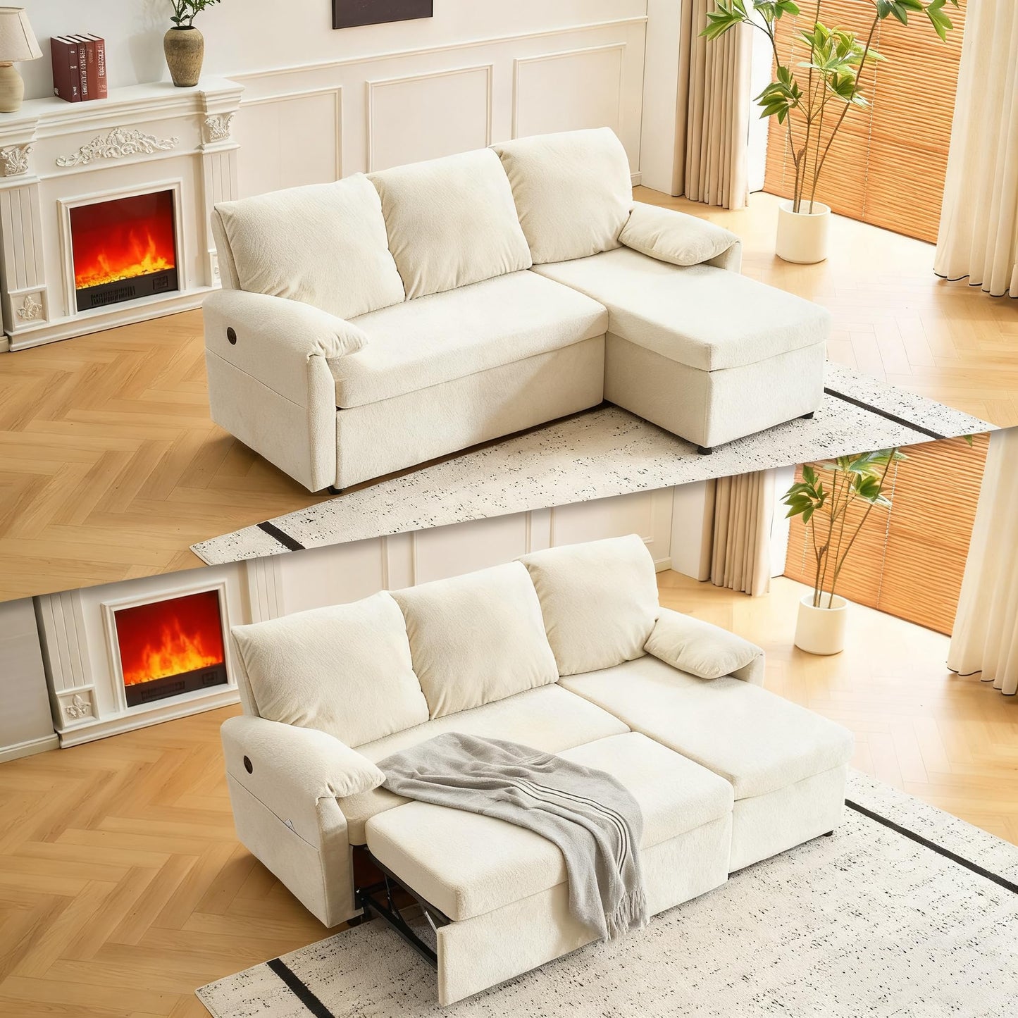 VINGLI Beige Loveseat Sleeper Sofa, Convertible Futon Sofa Bed Faux Leather Pullout Couch Bed with USB Ports, Cup Holders, Armrest for Living Room, Bedroom, Home Office Apartment