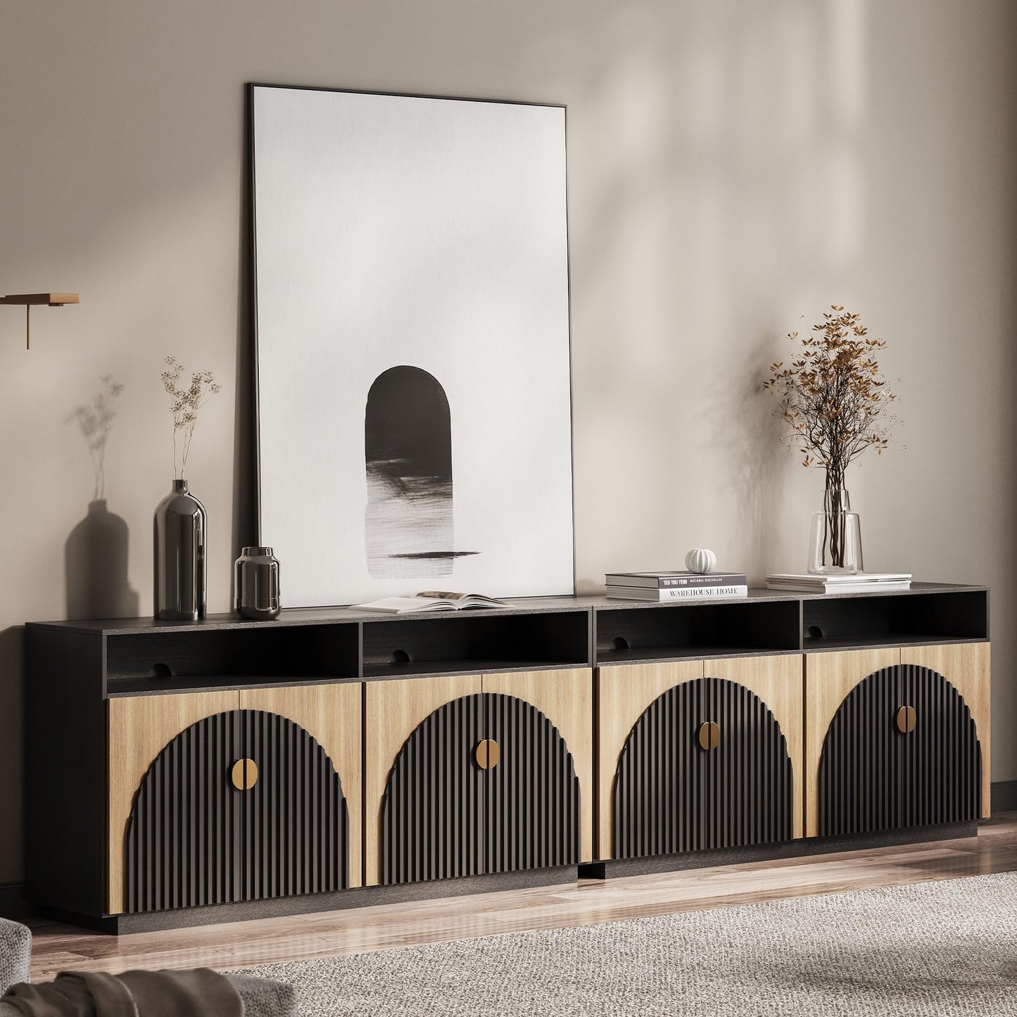 BELLEZE 65 Inch Fluted Buffet Cabinet with Storage, Symmetrical Arc Accent Sideboard Large Console Table for Dining Room, Kitchen, and Living Room (Camel)