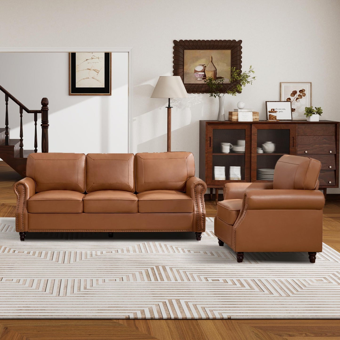 WILLOVE 79'' Faux Leather Sofas for Living Room, Mid Century Modern Couches with Rolled Arm & Nailhead Trim for Small Space, Apartment, Dark Brown