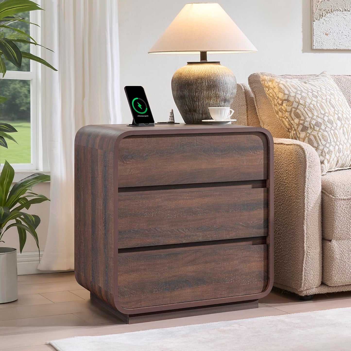 Walnut Curved Nightstand Set of 2, 23.2" Wide Wood Bedside Table with Charging Station, 3 Storage Drawers Night Stand, Large End Table for Bedroom, Living Room, Sofa