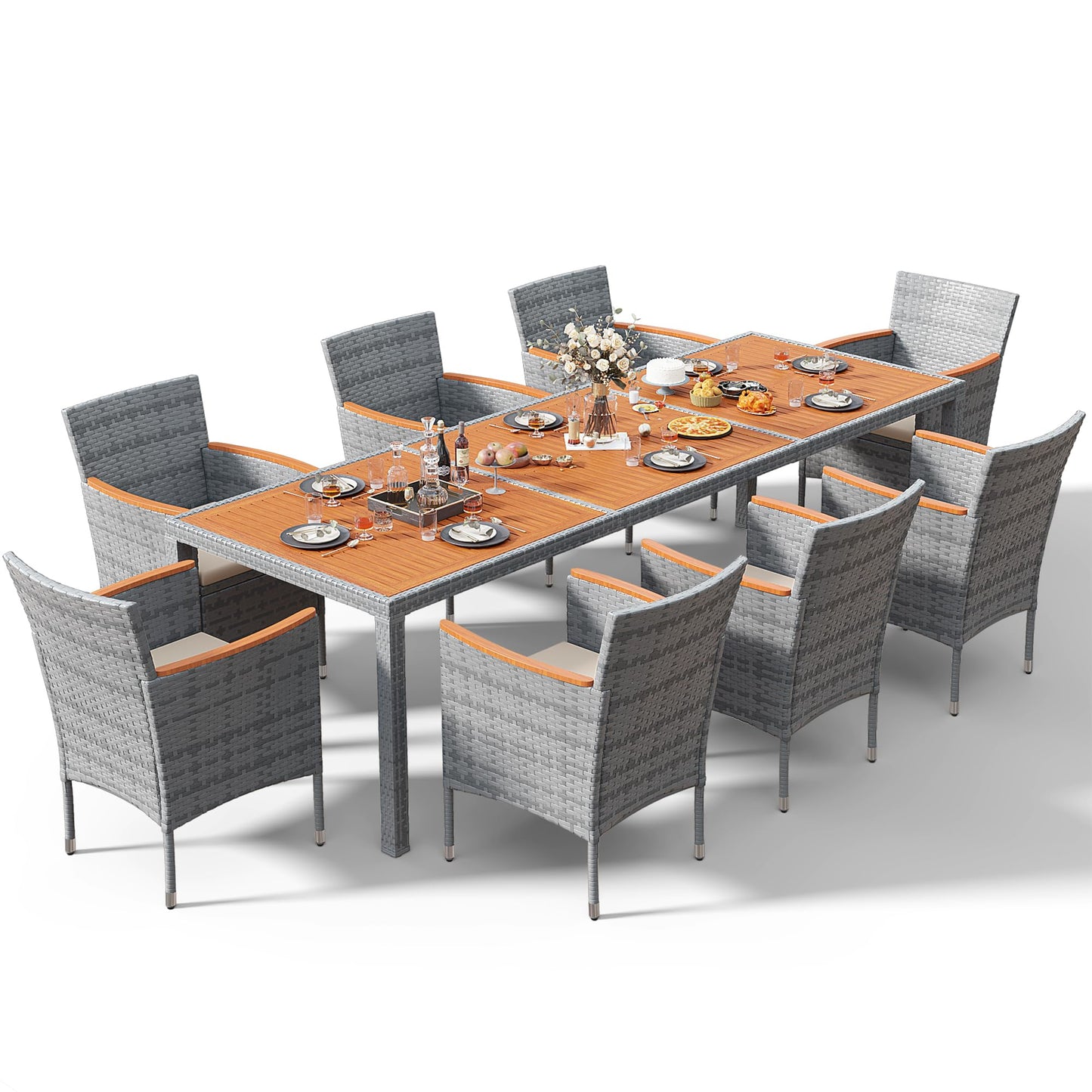 Devoko Dining 7 PCS Furniture, Patio Conversation Set with Acacia Wood Table Top, Outdoor, Beige Cushion and Black Rattan