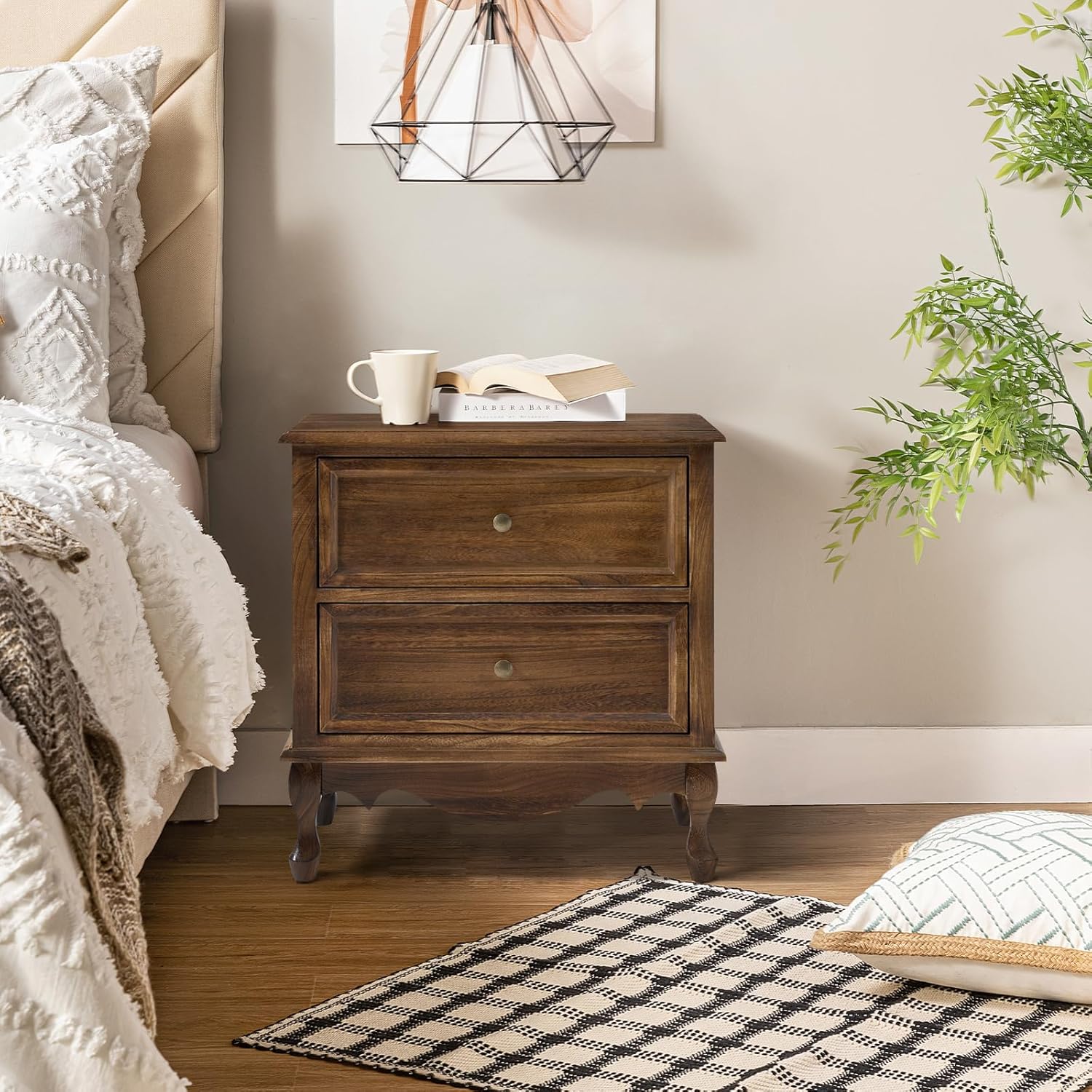 HULALA HOME Solid Wood Nightstand with Charging Station, Vintage Night Stand with Wood Legs and 2 Drawers, French Bedside Table for Bedroom Living Room，Walnut