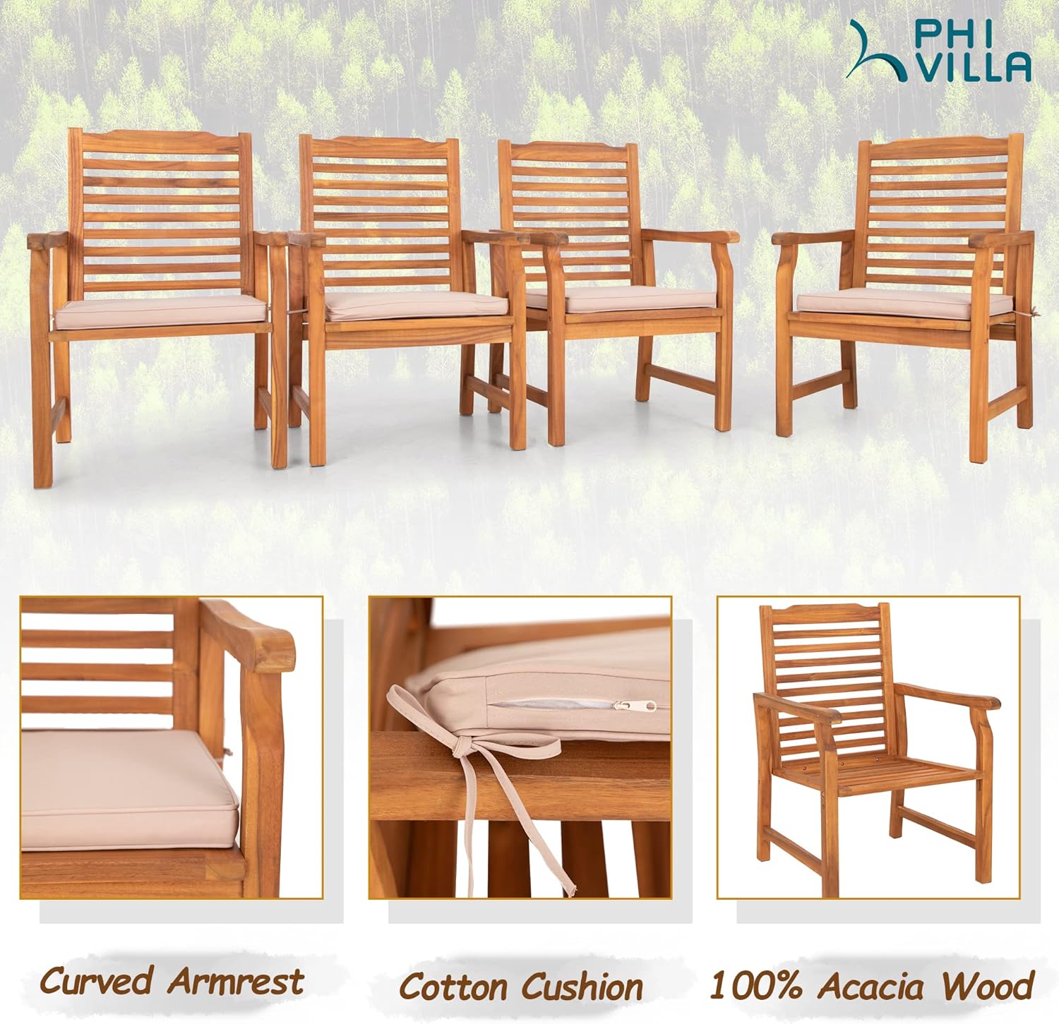 PHI VILLA 7 PCS Acacia Wood Outdoor Dining Set for 6, Expandable Teak Wooden Table & Chairs with Cushions, Farmhouse Dining Furniture Set for Patio, Deck, Yard