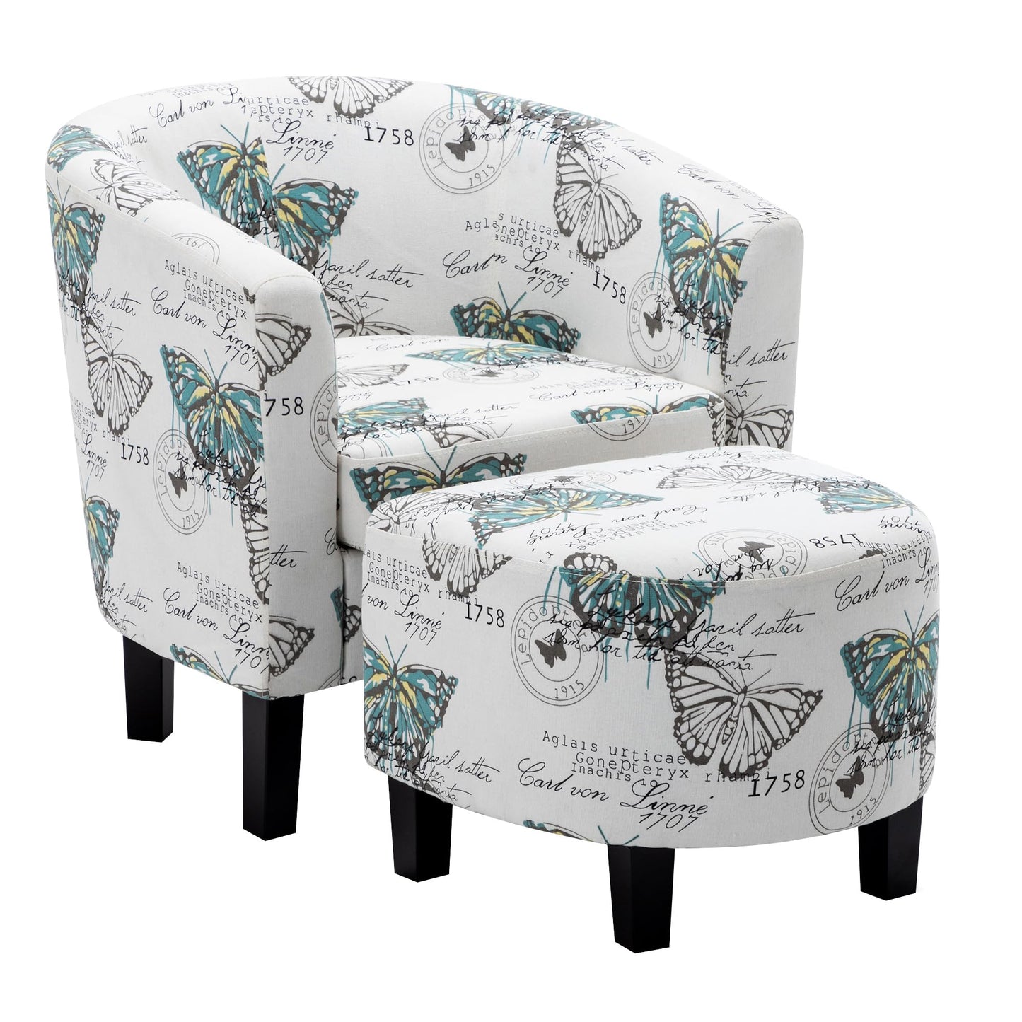 BELLEZE Accent Chair with Ottoman Set, Modern Upholstered Curved Back Chair, Barrel Round Tub Reading Chair and Footrest for Living Room Bedroom - Floral Beige/Linen