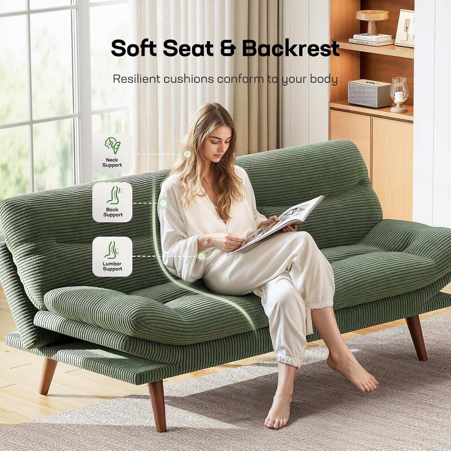 Marsail Futon Sofa Bed, Futon Couch with Adjustable Backrest & Armrests, Convertible Small Sleeper Sofa Bed for Small Apartments, Study Room, Office, Corduroy Loveseat, Green