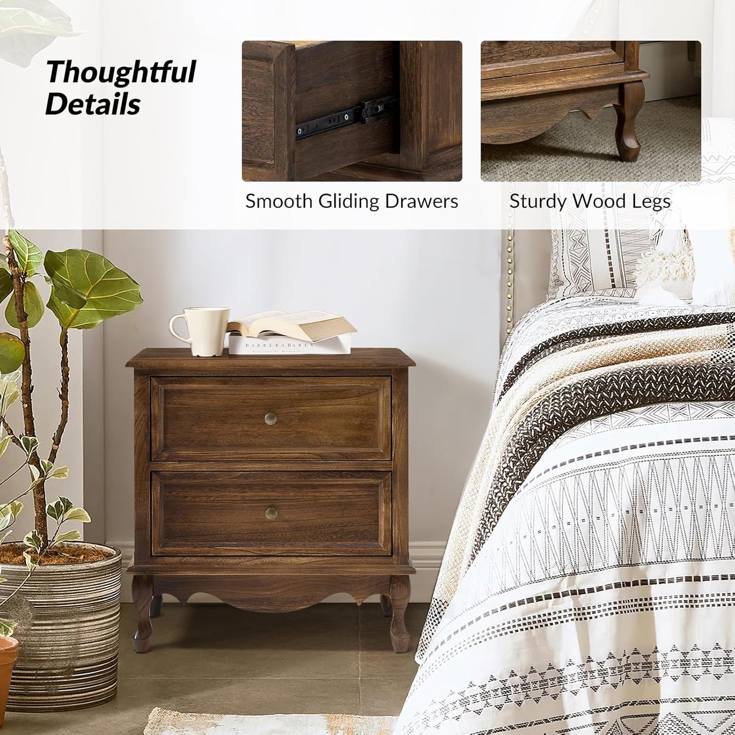 HULALA HOME Solid Wood Nightstand with Charging Station, Vintage Night Stand with Wood Legs and 2 Drawers, French Bedside Table for Bedroom Living Room，Walnut