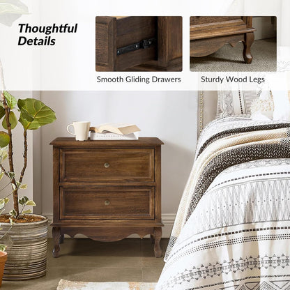 HULALA HOME Solid Wood Nightstand with Charging Station, Vintage Night Stand with Wood Legs and 2 Drawers, French Bedside Table for Bedroom Living Room，Walnut