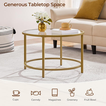 Yaheetech Gold Glass Coffee Table for Living Room, 27.6" Round Glass Coffee Table with Metal Frame, Circle Coffee Table for Home, Office, Apartment