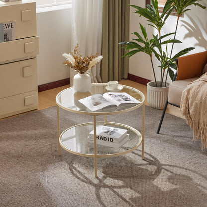 VINGLI 25.6" Rattan Coffee Table, Round Water-Wave Glass Metal Center Table, Modern Coffee Table with 2-Tier Storage, Farmhouse Circular Table for Living Room and Small Space, Natural Vibe