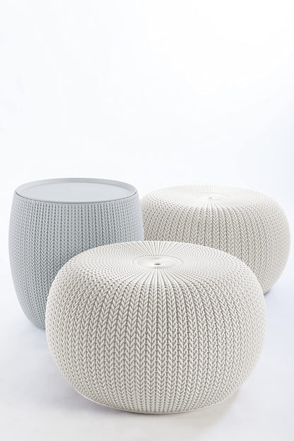 KETER Urban Knit Pouf Ottoman Set of 2 with Storage Table for Patio and Room Décor-Perfect for Balcony, Deck, and Outdoor Seating, Cream & Taupe