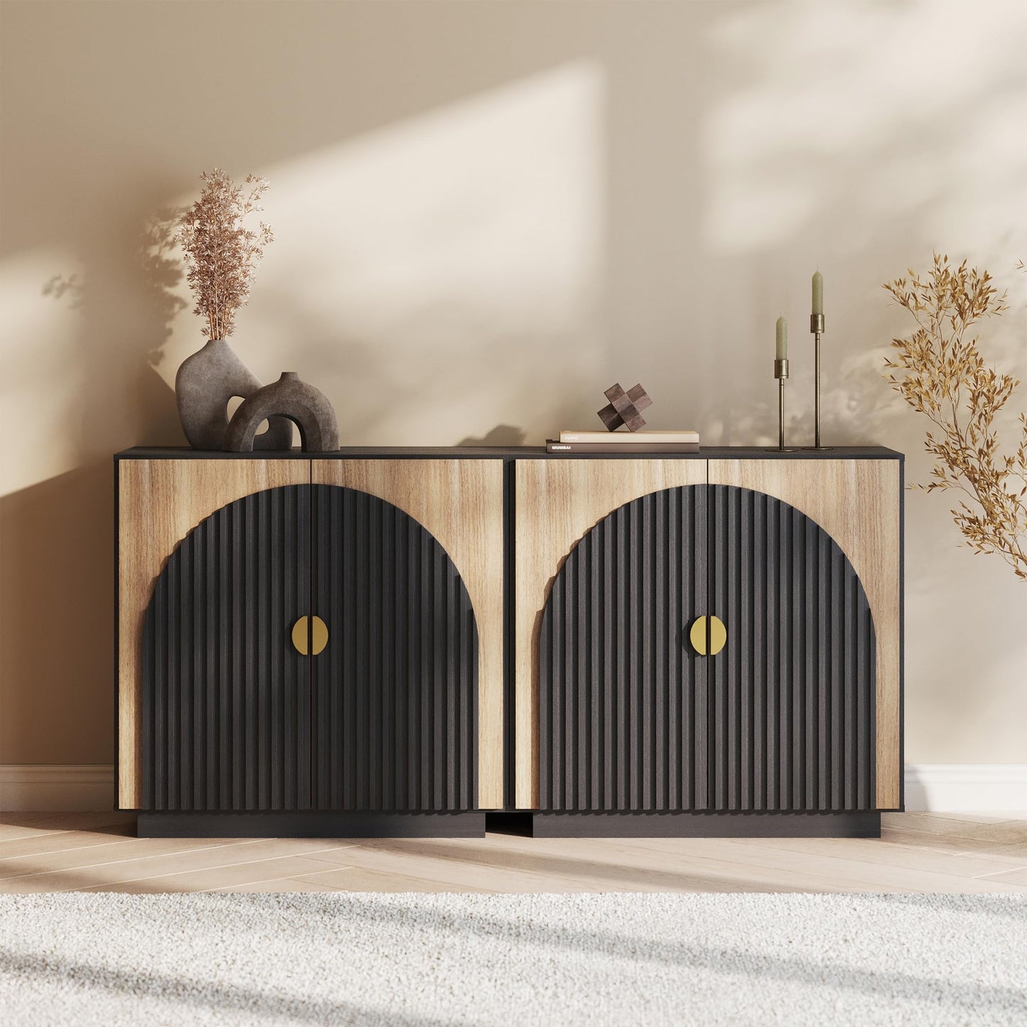 BELLEZE 65 Inch Fluted Buffet Cabinet with Storage, Symmetrical Arc Accent Sideboard Large Console Table for Dining Room, Kitchen, and Living Room (Camel)