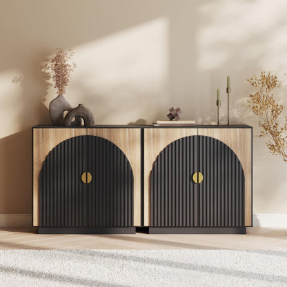 BELLEZE 65 Inch Fluted Buffet Cabinet with Storage, Symmetrical Arc Accent Sideboard Large Console Table for Dining Room, Kitchen, and Living Room (Camel)