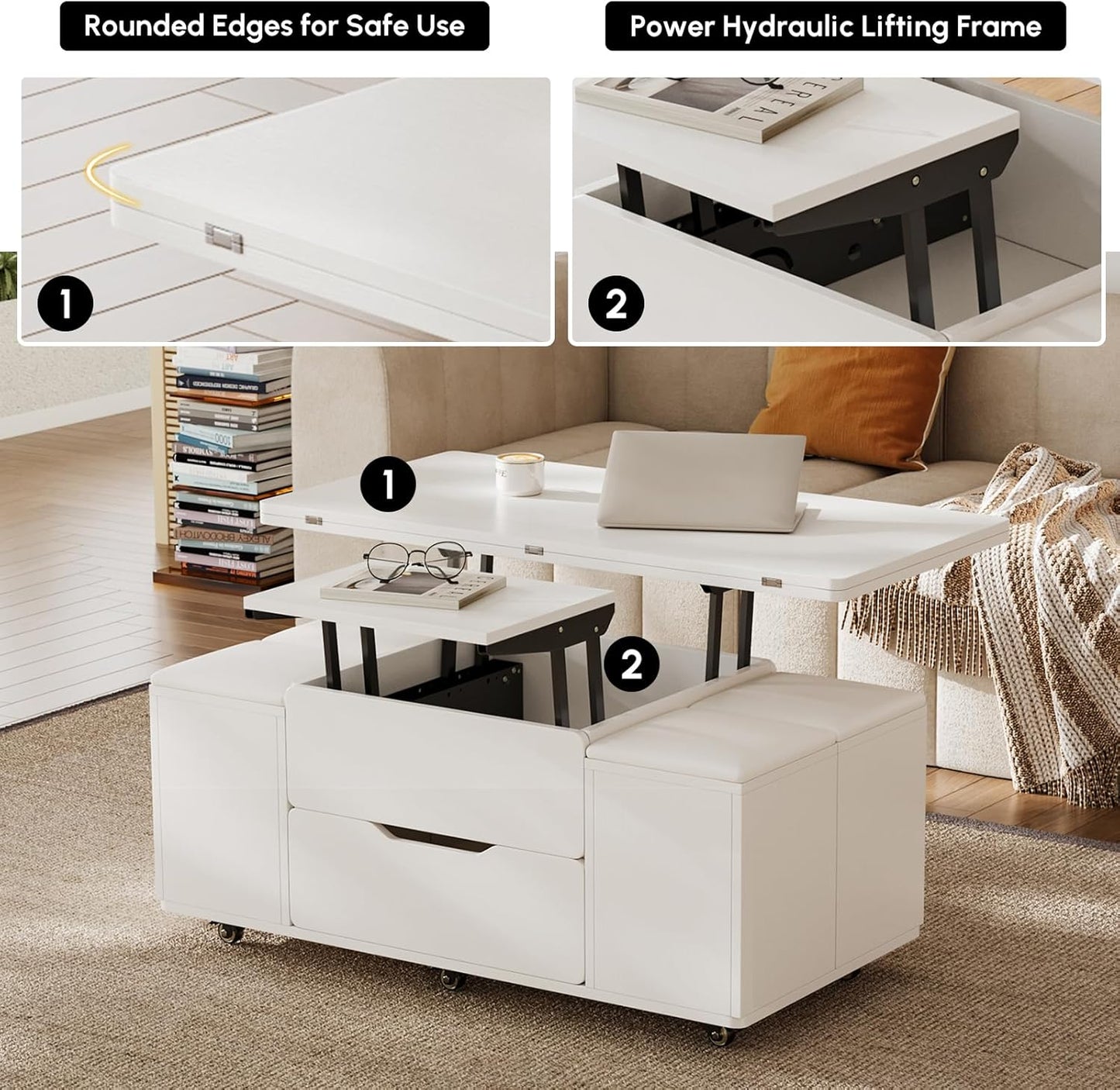 homary White Lift Top Coffee Table with Hidden Storage, 3 in 1 Multi-Function Modern Folding Center Table with 4 Stools and Casters
