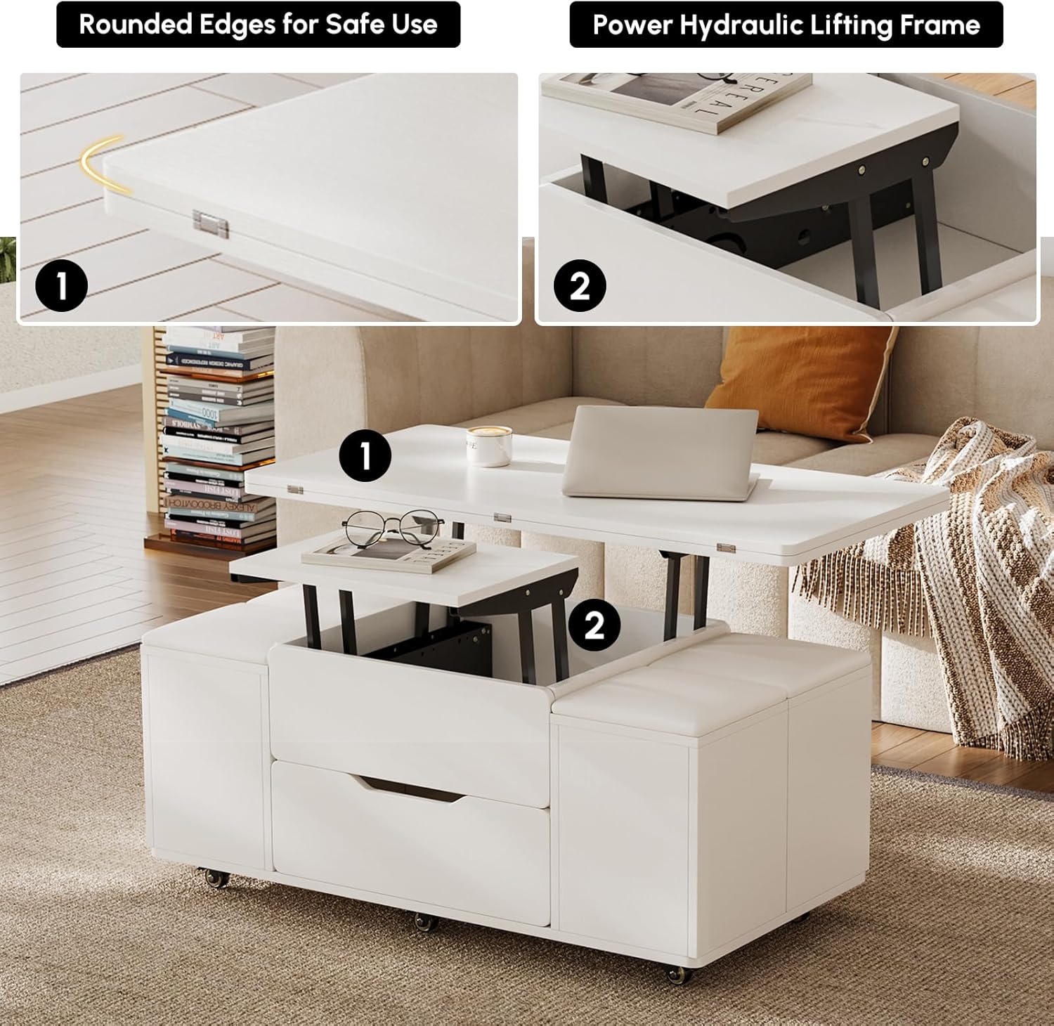 homary White Lift Top Coffee Table with Hidden Storage, 3 in 1 Multi-Function Modern Folding Center Table with 4 Stools and Casters