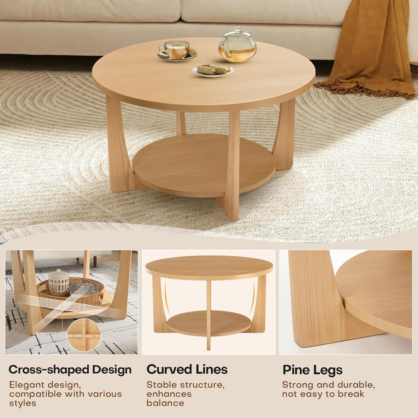 BECHAEO 31.5'' Round Coffee Table with Solid Wood Pine Legs, 2-Tier Retro Round Coffee Table with Storage Shelf, Small Modern Wood Circle Coffee Table Boho Round Center Table for Living Room (Natural)