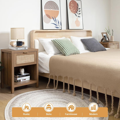 SICOTAS Rattan Nightstands Set of 2 - Farmhouse Night Stand with Drawer and Storage Shelf - Boho Bedside Table End Side Table for Bedroom, Oak