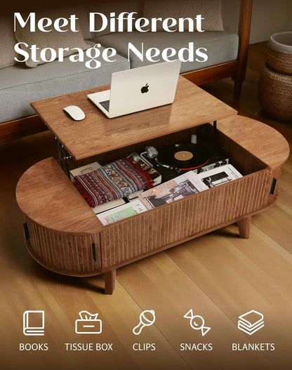 Oval Lift Top Coffee Table with Storage, 47.2" Mid Century Modern Living Room Center Table with 180° Sliding Tambour Door, Wood Fluted Coffee Table for Home Office, Walnut