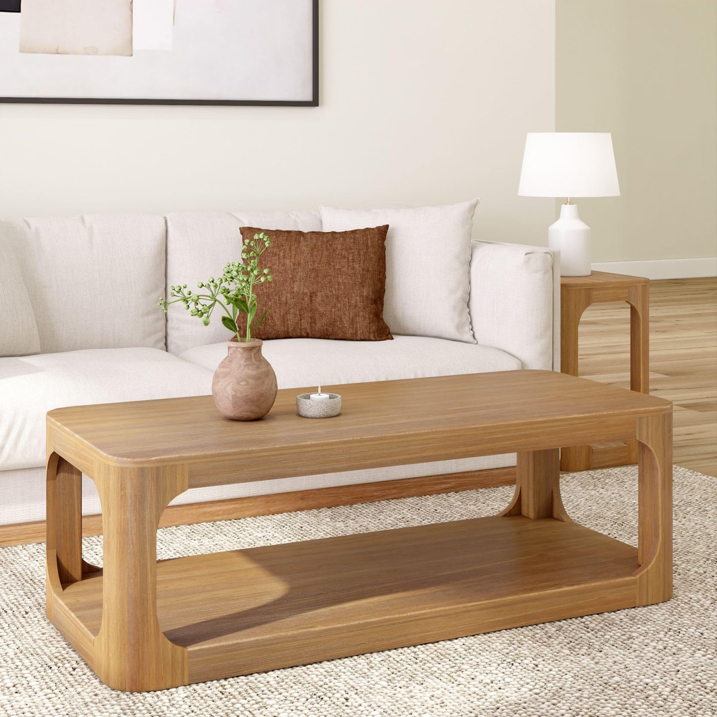 Plank+Beam Small Forma Coffee Table, Solid Wood 40 Inch Modern Coffee Table with Shelf, Contemporary Center Table with Storage Space, Rectangle Tea Table with Storage, Pecan