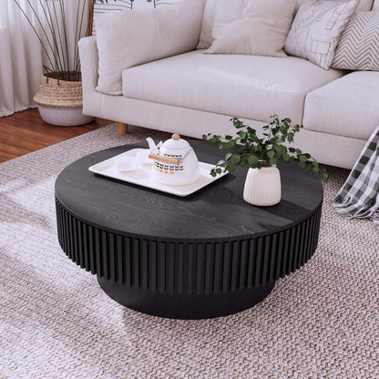 Round Coffee Table with Storage, Modern Wooden Coffee Table with Solid Wood Veneered, Circle Center Table Accent Tea Table for Living Room Apartment Small Space (31.5''L × 31.5''W × 14''H, Natural)