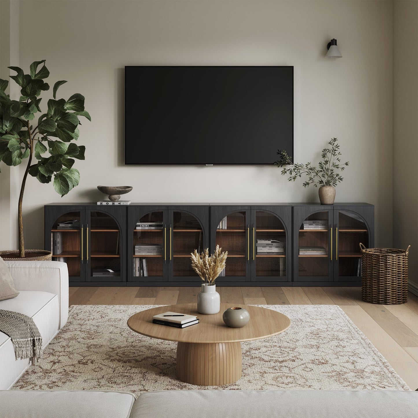 BELLEZE 65 Inch Fluted Buffet Cabinet with Storage, Symmetrical Arc Accent Sideboard Large Console Table for Dining Room, Kitchen, and Living Room (Camel)