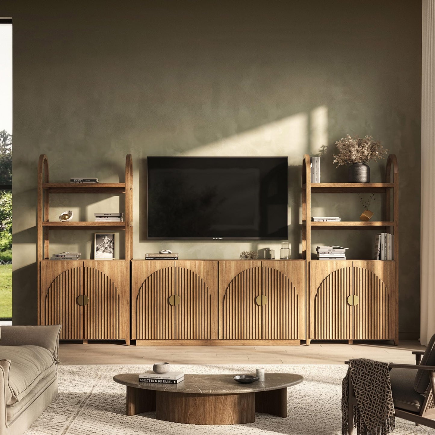 BELLEZE 65 Inch Fluted Buffet Cabinet with Storage, Symmetrical Arc Accent Sideboard Large Console Table for Dining Room, Kitchen, and Living Room (Camel)