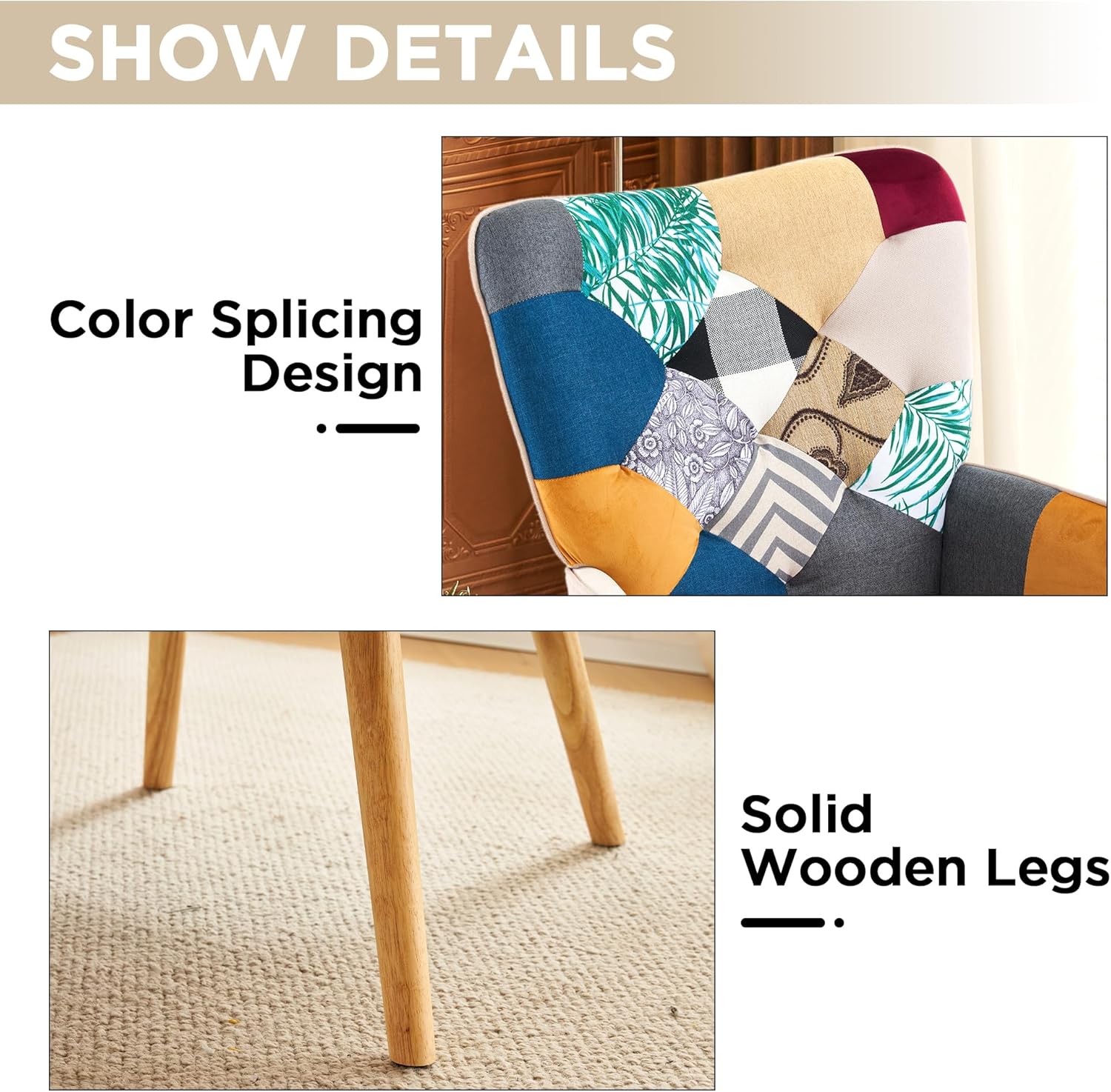 Accent Chair, Living Room Chair, Modern High Back Armchair, Colorful Patchwork Reading Chairs for Bedroom, Lounge Chair with Linen Fabric Shell and Solid Wood Feets (1, Colorful)